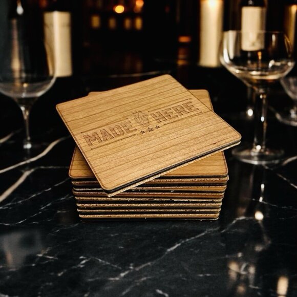 Made Here Playboy Bamboo Coaster Set 6x Square Eco Engraved Drink Coasters NWOT - Picture 1 of 5